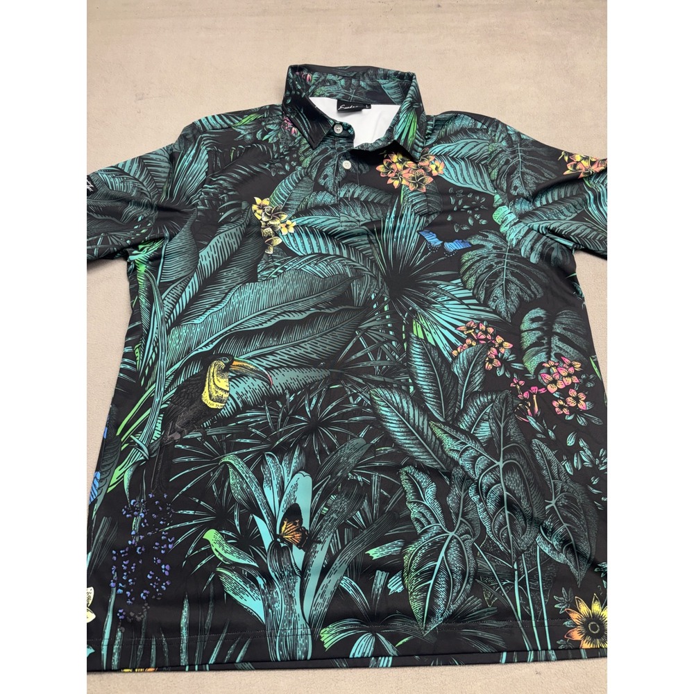 Sunday Swagger Mens Large Tropical Toucan Jungle Performance Golf Polo Shirt